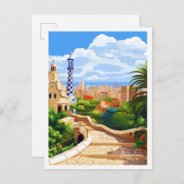 Barcelona Spanien Vintage Reise Illustration Postkarte (Vorne/Hinten)