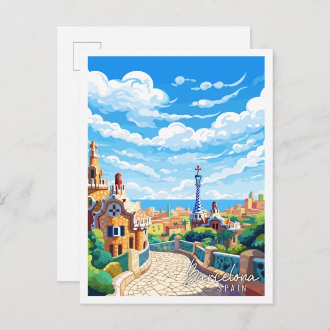 Barcelona Spanien Vintage Reise Illustration Postkarte (Vorne/Hinten)