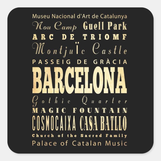 Barcelona Stadt Spanien Typografie Kunst Quadratischer Aufkleber (Vorderseite)