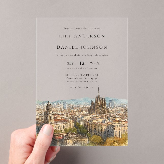 Barcelona Watercolor Destination Wedding Acryleinladungen (Insitu (Handheld))