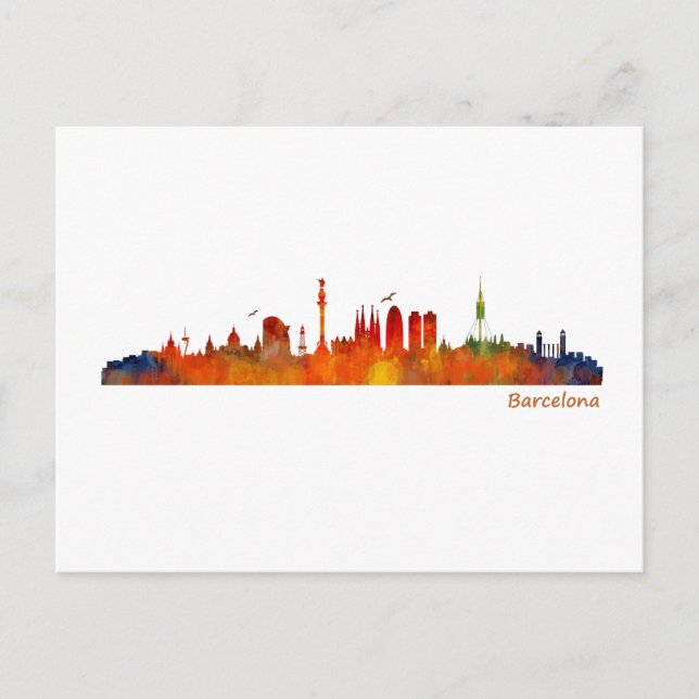 Barcelona watercolor skyline v01 postkarte (Vorderseite)