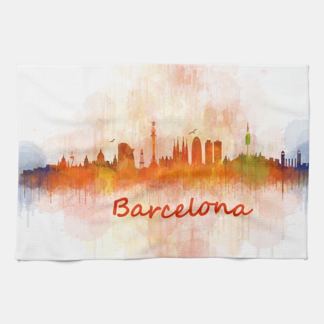 Barcelona watercolor Skyline v04 Geschirrtuch (Horizontal)