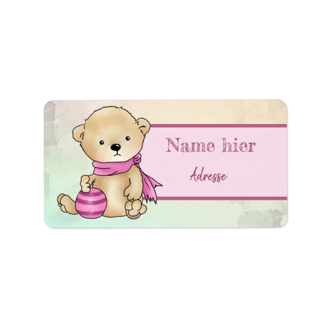 Bärchen mit Ball, Rosa Adressaufkleber (Vorne)