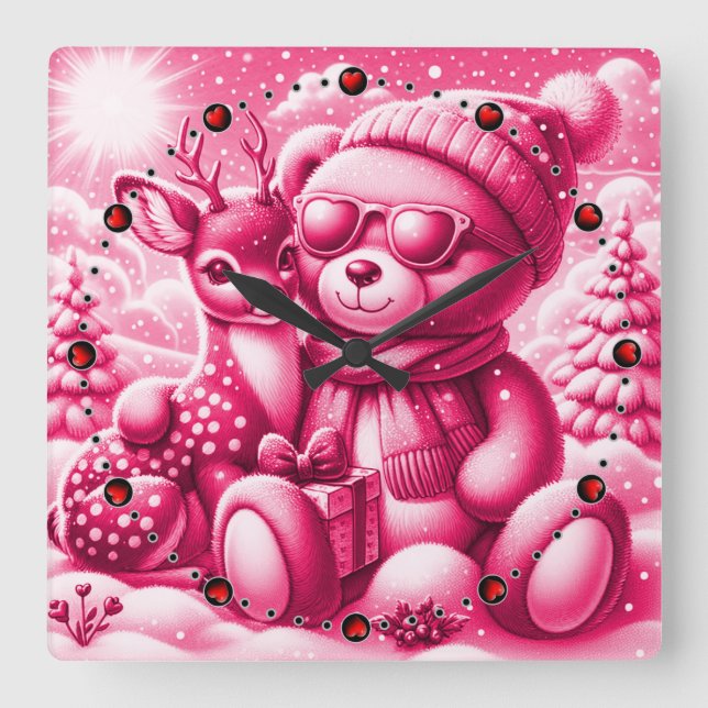 Bärchen Rehkitz Weihnachten Christmas Quadratische Wanduhr (Vorderseite)