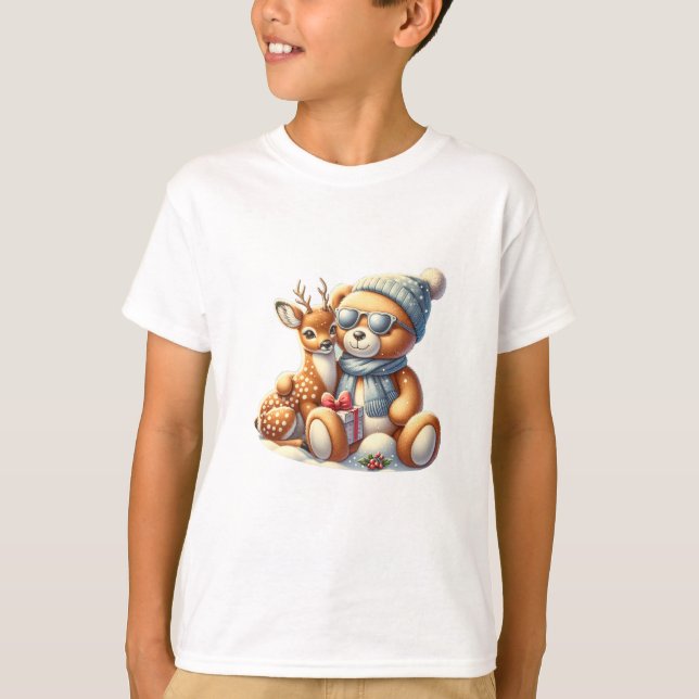 Bärchen und sein Rehkitz im Schnee T-Shirt (Vorderseite)