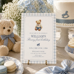 Bärchen zum ersten Geburtstag Teddybär Gingham Einladung