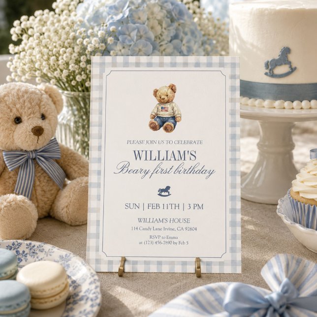 Bärchen zum ersten Geburtstag Teddybär Gingham Einladung (Von Creator hochgeladen)