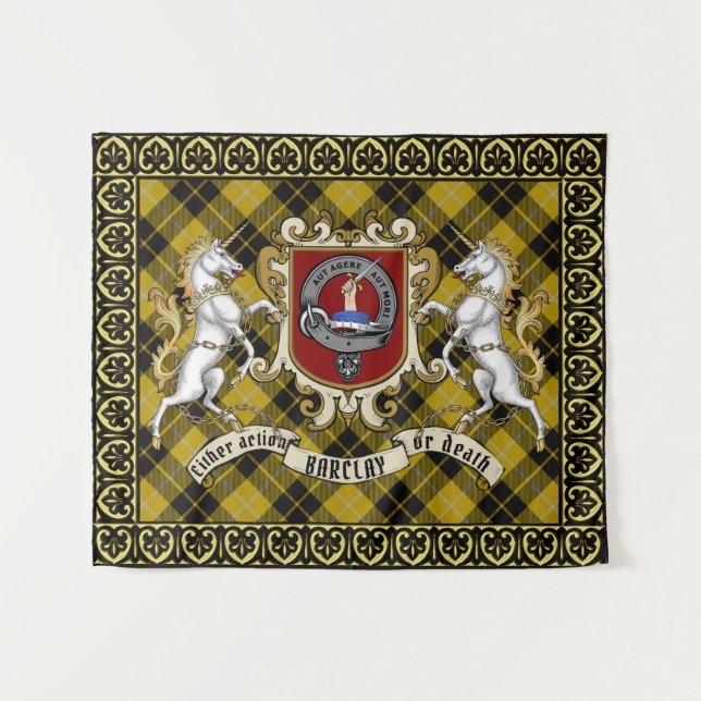 Barclay Clan Abzeichen & Unicorns w/Tartan Gerahmt Wandteppich (Vorderseite (Horizontal))