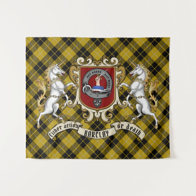 Barclay Clan Abzeichen & Unicorns w/Tartan Wandteppich (Vorderseite (Horizontal))