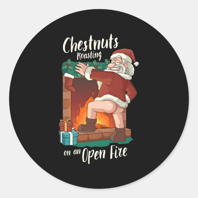 Bare Arsed Santa Rude Pun Roasting Nuts Runder Aufkleber (Vorderseite)