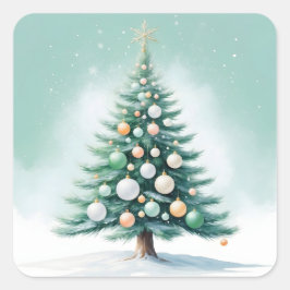Bare Green Pine Tree | Silver Green Orange Quadratischer Aufkleber
