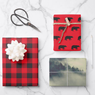 Bären, Berge, Schwarz und Rot-Lumberjack-Set Geschenkpapier Set