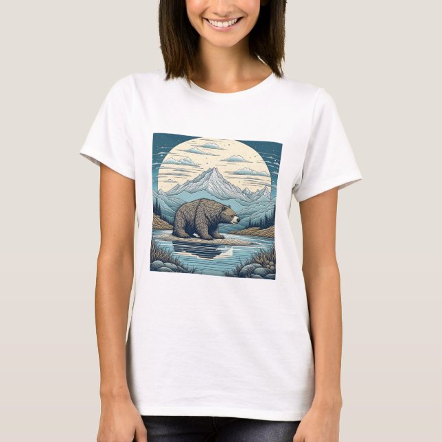 Bären, Berge, See, Vollmond Kunst T-Shirt (Vorderseite)