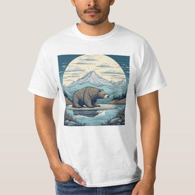 Bären, Berge, See, Vollmond Kunst T-Shirt (Vorderseite)