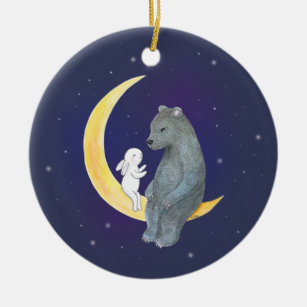 Bären & Bunny auf dem Mond Niedliches Paar Custom Keramik Ornament