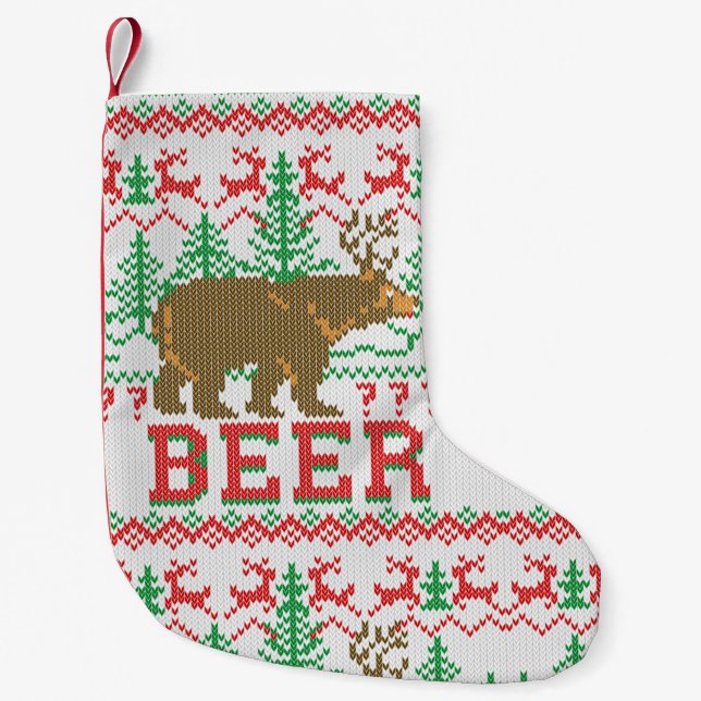 Bären Hirsch oder Bier Weihnachts Jumper Strick St Kleiner Weihnachtsstrumpf (Vorderseite)