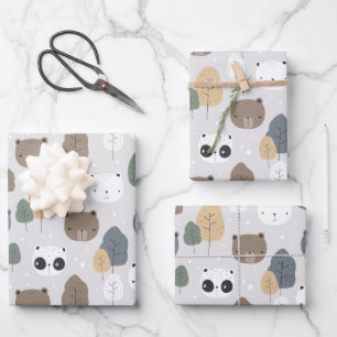 Bären im Wald Muster Panda Teddy Eisbär Geschenkpapier Set