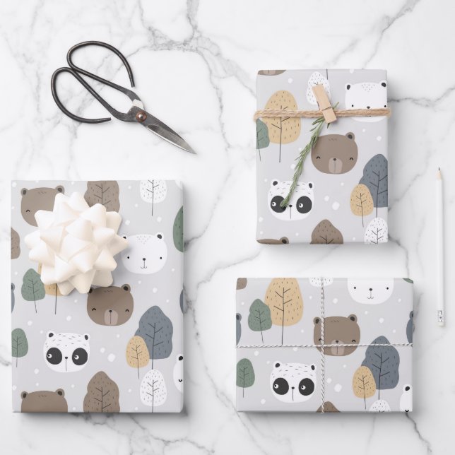 Bären im Waldmuster Panda Teddy-Polar-Bär Geschenkpapier Set (Vorderseite)
