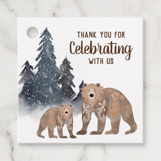 Bären im Winter Forest Scandi Neutral Baby Dusche Geschenkanhänger (Vorderseite)