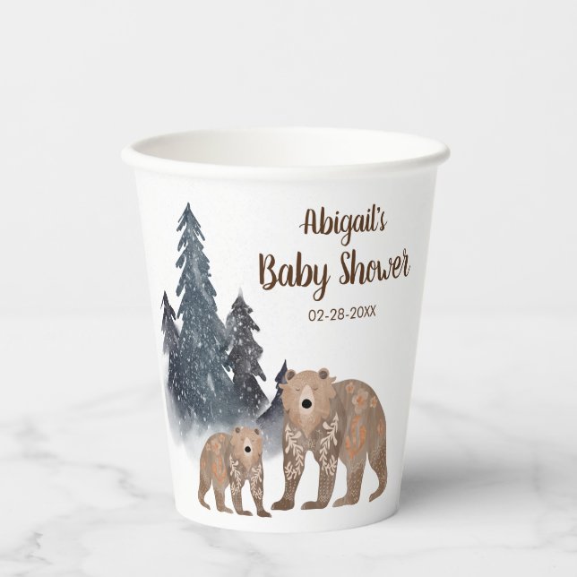 Bären im Winter Forest Scandi Neutral Baby Dusche Pappbecher (Vorderseite)