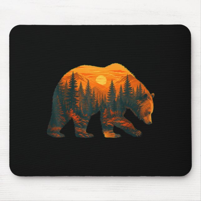Bären-Silhouette mit Waldlandschaft und Sonnenunte Mousepad (Vorne)