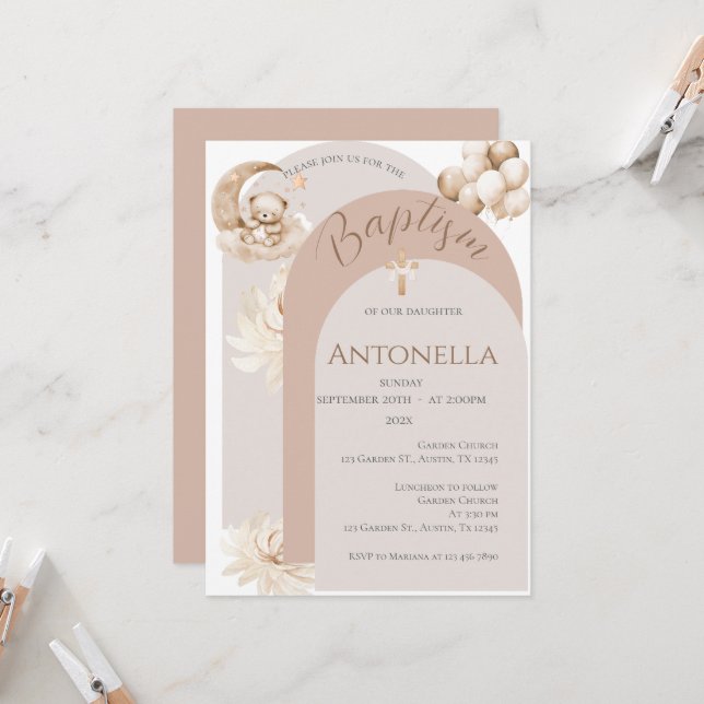 Bären und Balloons Taufe Girl Einladung (Vorderseite/Rückseite Beispiel)