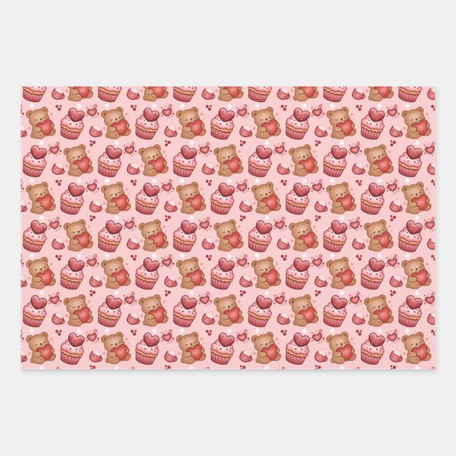 Bären und Cupcakes Valentinstag-Geschenkpapier Geschenkpapier Set (Vorderseite)