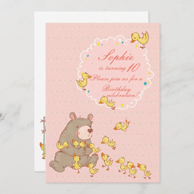 Bären und Ducklings Kinder Geburtstag Einladung (Vorne/Hinten)