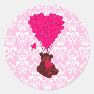 Bären- und Herzballons auf rosa Damast Runder Aufkleber
