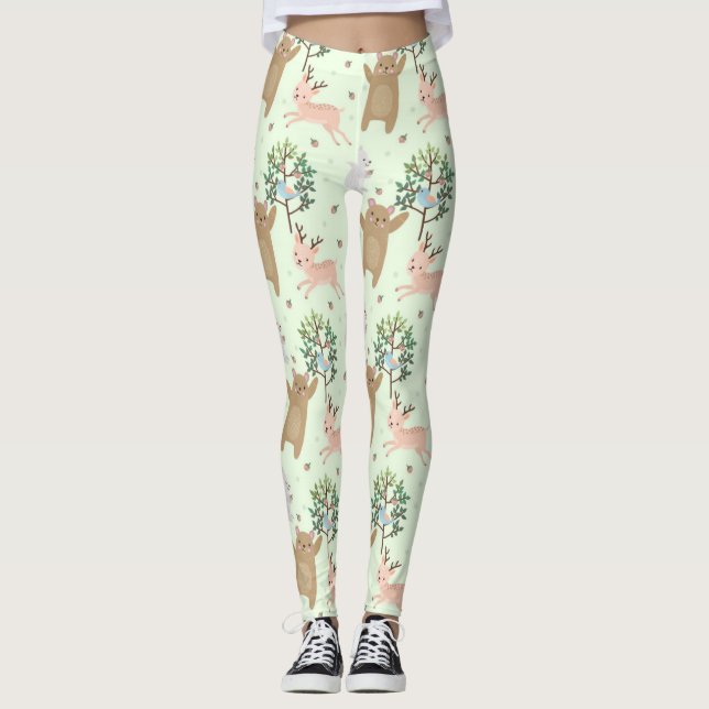 Bären und Hirsche im Waldmuster Leggings (Vorderseite)