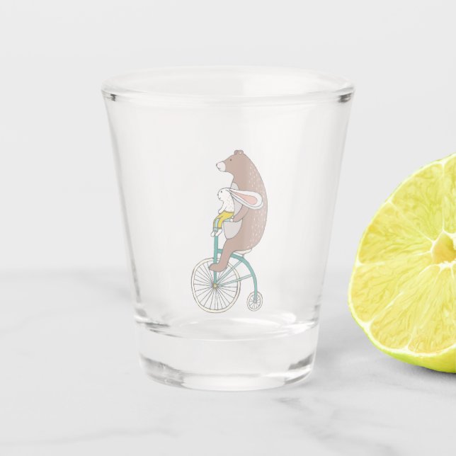 Bären und Kaninchen auf dem Bike Hipster Cartoon F Schnapsglas (Vorderseite)