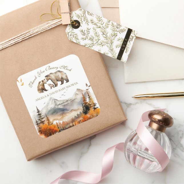 Bärenabenteuer Fall Neutrale Babydusche Quadratischer Aufkleber (Schenken)