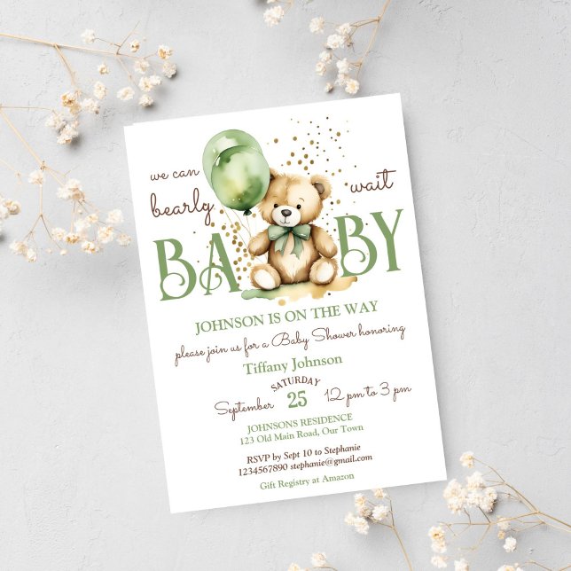 Bärenbraun-Babydusche Einladung (Teddy bear bearly wait baby shower template invitation instant download sage green gold brown)