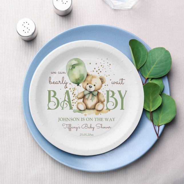 Bärenbraun-Babydusche Pappteller (Bearly wait cute teddy bear sage green brown baby shower monogram printed paper plates table decor)