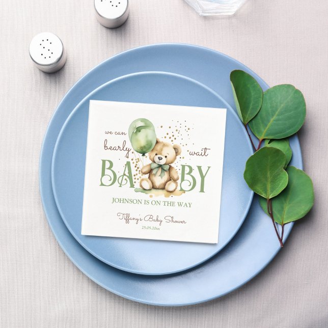 Bärenbraun-Babydusche Serviette (Bearly wait cute teddy bear sage green balloon baby shower monogram printed napkins table decor)