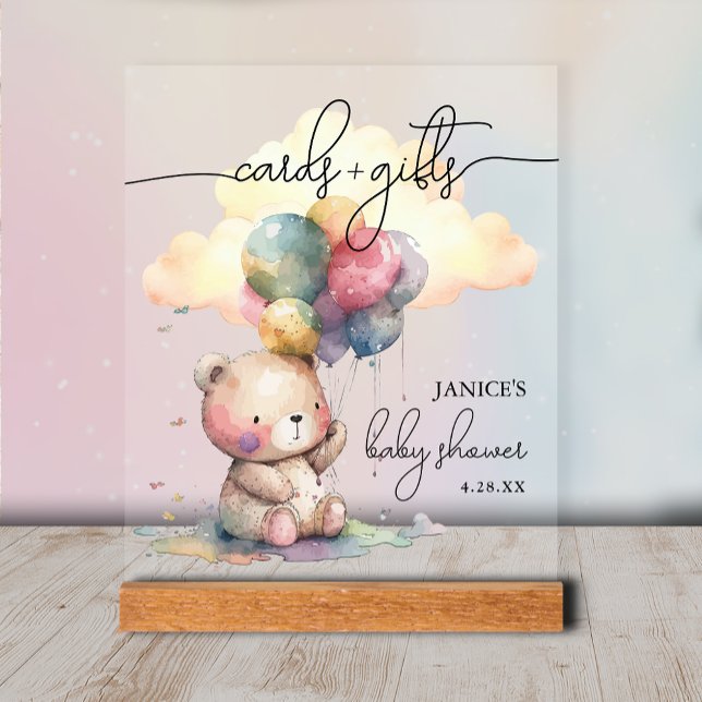 Bärenduschkarten + Geschenke Acrylschild (Bear Baby Shower Cards + Gifts Tabletop Acrylic Sign)