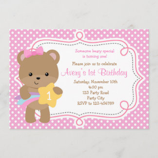 Bäreneinladung (Mädchen - mit Stern) Pink Polka Do Einladung