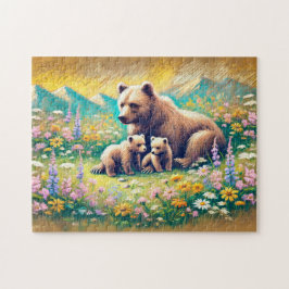 Bärenfamilie in Mountain Meadow Pastel Chalk Drawi Puzzle