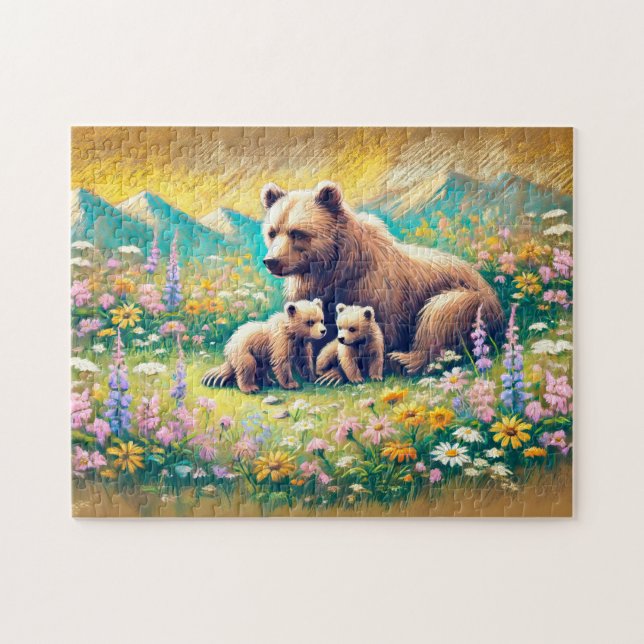 Bärenfamilie in Mountain Meadow Pastel Chalk Drawi Puzzle (Horizontal)