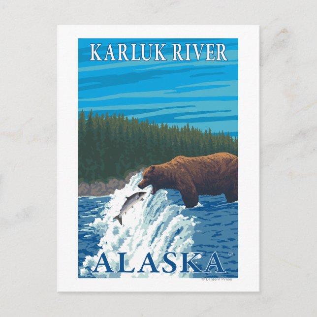Bärenfischen im Fluss Karluk, Alaska Postkarte (Vorderseite)
