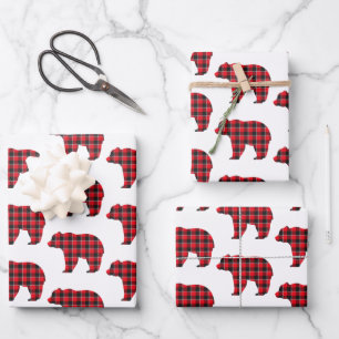 Bärenförmiges Karomuster Rot Schwarz Buffalo Geschenkpapier Set