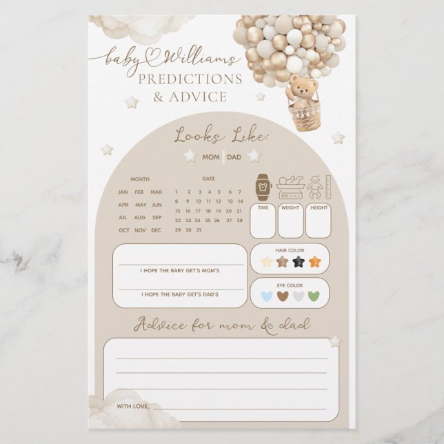 Bärengeschlecht-Neutral-Baby-Dusche Vorhersagespie (Vorderseite)