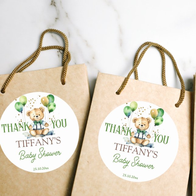 Bärengrüne Babydusche Runder Aufkleber (Bearly wait teddy bear baby shower green balloons thank you favor stickers cute teddy green balloons)