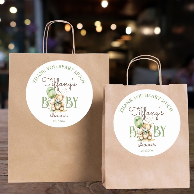 Bärengrüne Babydusche Runder Aufkleber (Bearly wait teddy bear green baby shower favor sticker thank you stickers )