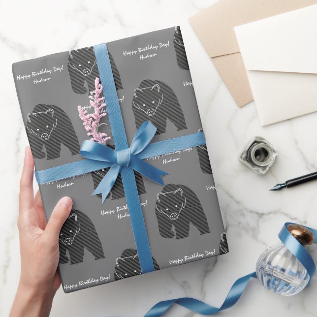 Bärenjagd Geburtstag Rustikale, graue Botschaft Geschenkpapier (Schenken)