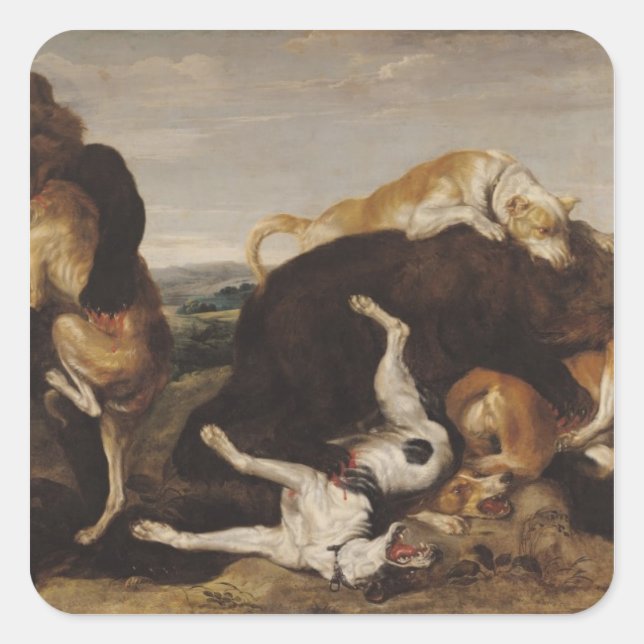 Bärenjagd oder, Schlacht zwischen Hunden und Bären Quadratischer Aufkleber (Vorderseite)