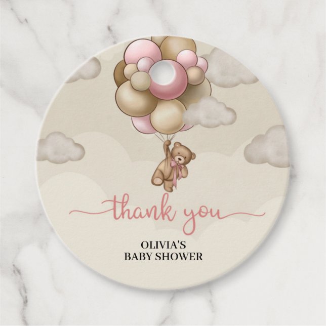 Bärenjunge mit rosa braunen Ballons Babydusche Geschenkanhänger (Vorderseite)