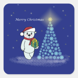 Bärenkind neben dem Weihnachtsbaum Quadratischer Aufkleber