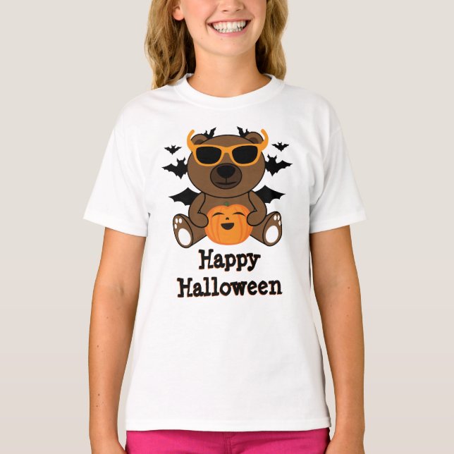 Bärenkürbis schwarze Fledermäuse Happy Halloween T-Shirt (Vorderseite)