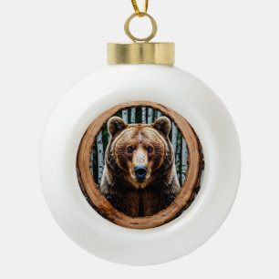 🐻 Bärenporträt-Feiertags-Rustikal-Weihnachtsdekor Keramik Kugel-Ornament